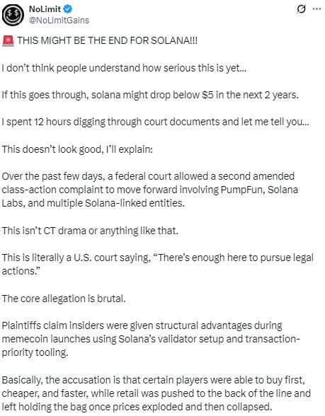 В соцсетях начались дискуссии о возможном падении Solana до  из-за громкого судебного разбирательства
